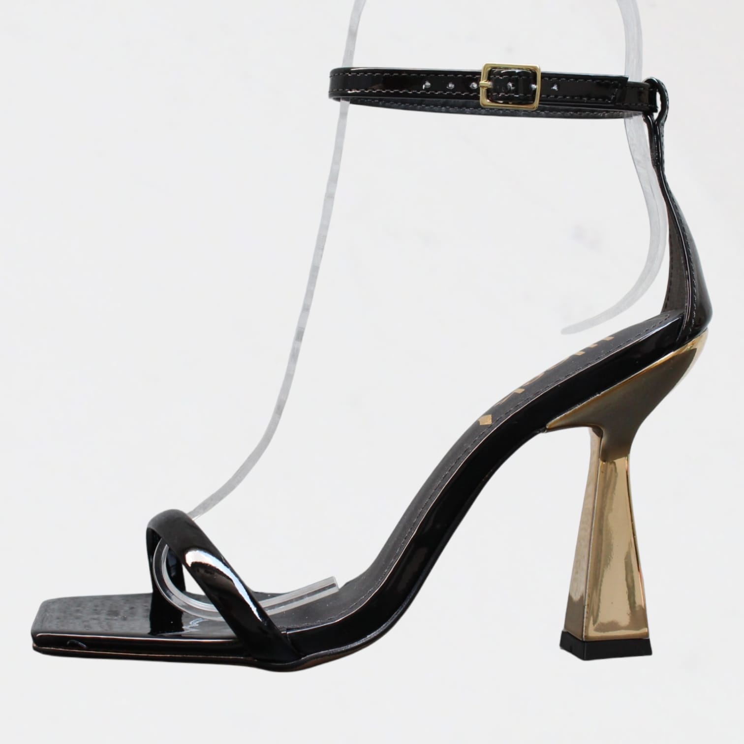 Sandália Minimalista Salto Alto Metalizado Wk Preto Verniz