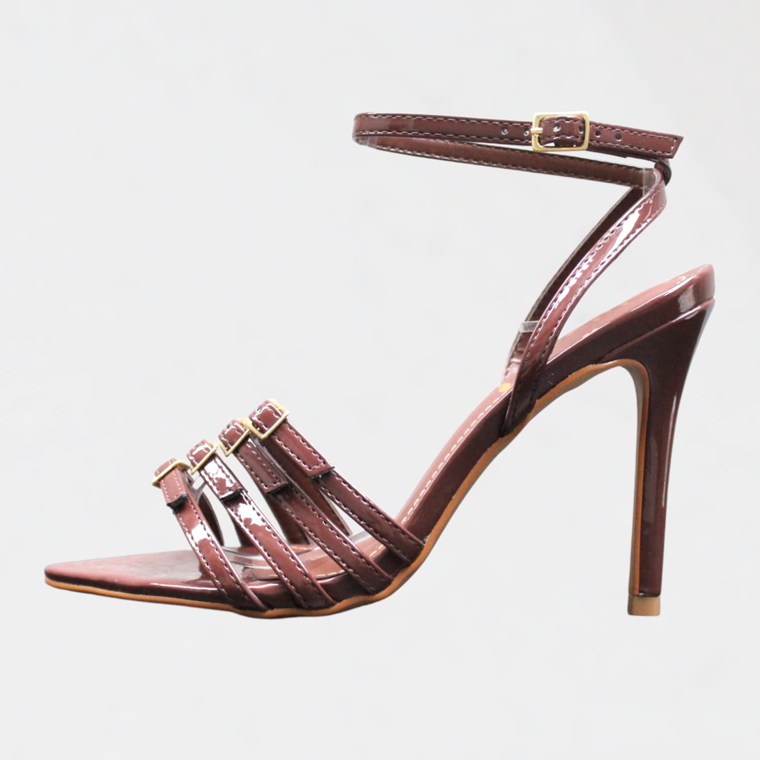 Sandália Salto Alto Bico Fino Wk Tiras Marrom Verniz