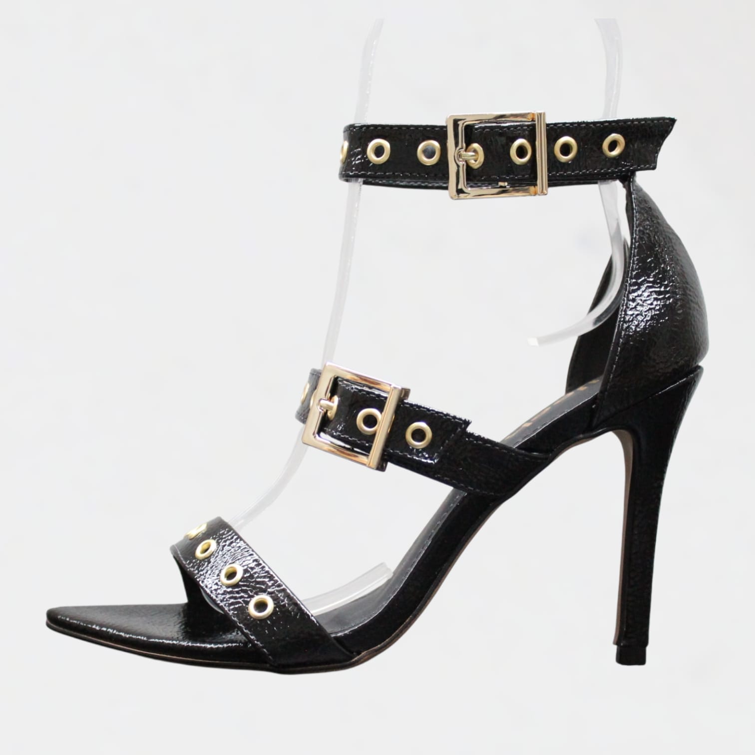 Sandália Salto Alto Wk  Tiras Preto Envernizado Ilhós