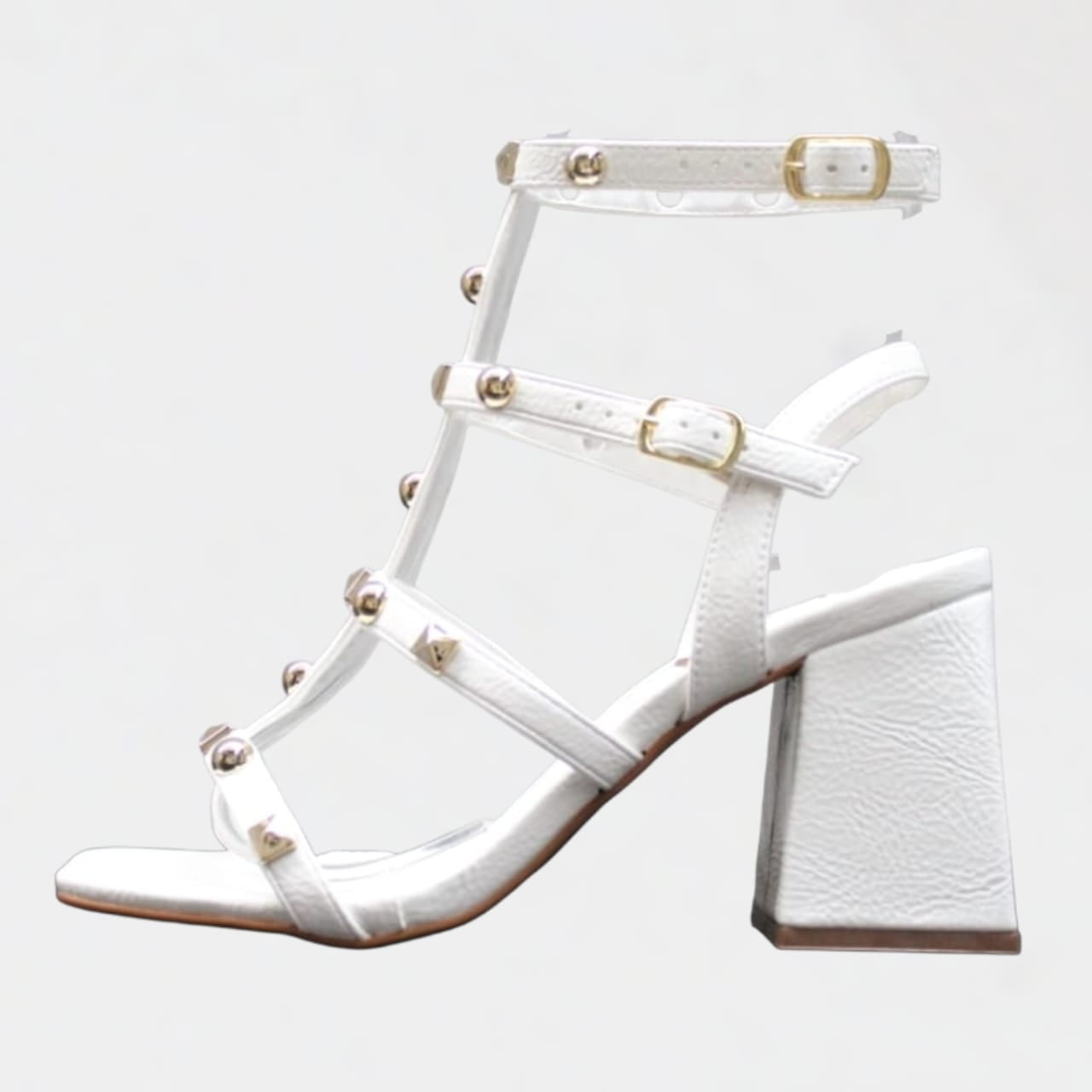 Sandália Salto Grosso Tiras Piramide Dourada Wk Branco