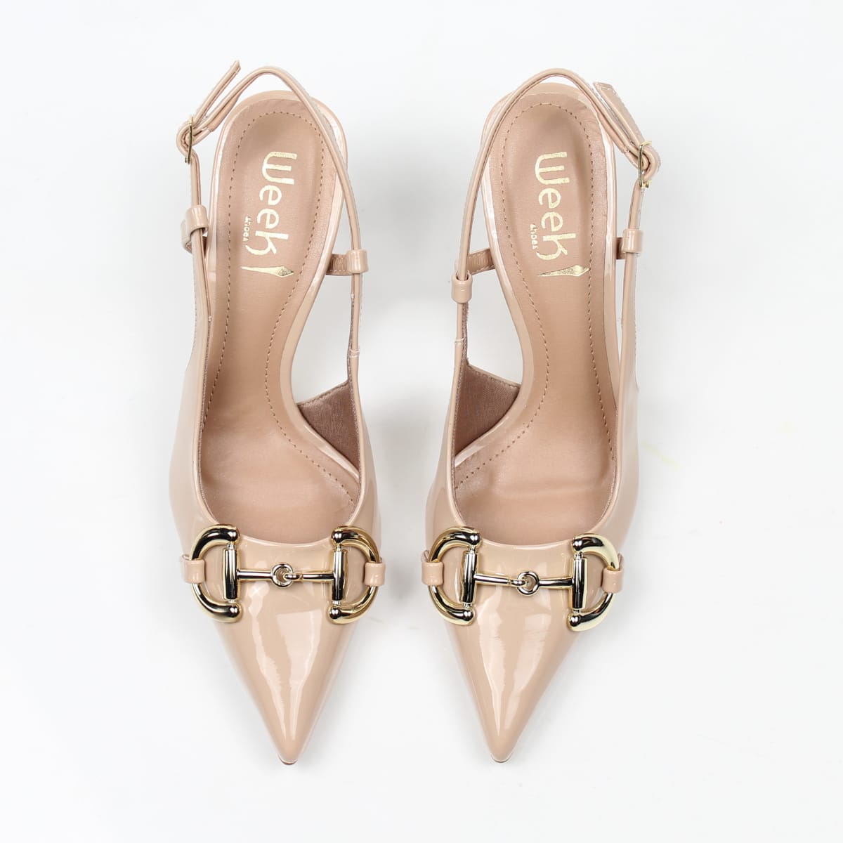 Slingback Nude Verniz Salto Fino Fivela Dourada Week Shoes