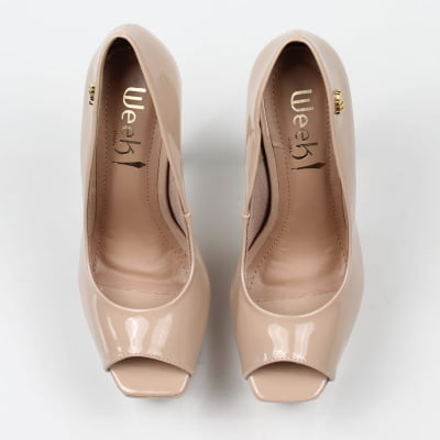 Peep Toe Meia Pata Salto 15 Nude Amendoa Verniz