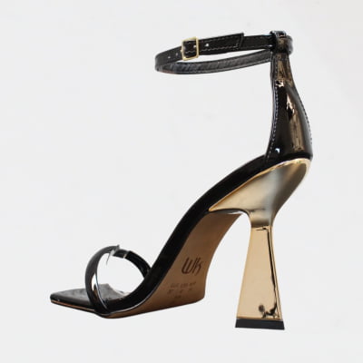 Sandália Minimalista Salto Alto Metalizado Wk Preto Verniz