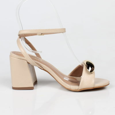 Sandália Nude Salto Bloco Dourado Week Shoes
