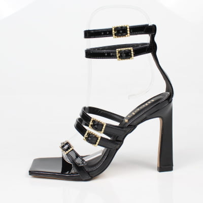 Sandália Salto Alto Preto Verniz Tiras Fivelas Week Shoes