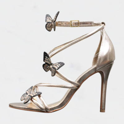 Sandália Salto Alto Wk Borboletas Fivela Tiras Dourado Sandália Salto Alto Wk Borboletas Fivela Tiras Dourado