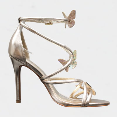 Sandália Salto Alto Wk Borboletas Fivela Tiras Dourado