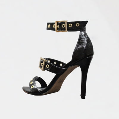 Sandália Salto Alto Wk  Tiras Preto Envernizado Ilhós