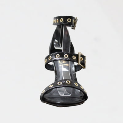 Sandália Salto Alto Wk  Tiras Preto Envernizado Ilhós