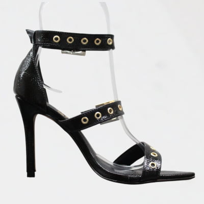 Sandália Salto Alto Wk  Tiras Preto Envernizado Ilhós