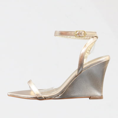 Sandália Salto Anabela Minimalista WK Bico Fino Fivela Dourado