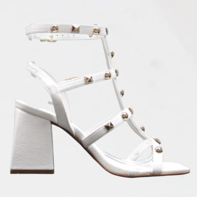 Sandália Salto Grosso Tiras Piramide Dourada Wk Branco