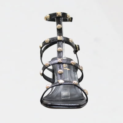 Sandália Salto Grosso Tiras Piramide Dourada Wk Preto