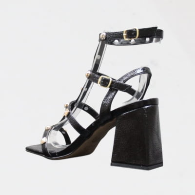 Sandália Salto Grosso Tiras Piramide Dourada Wk Preto