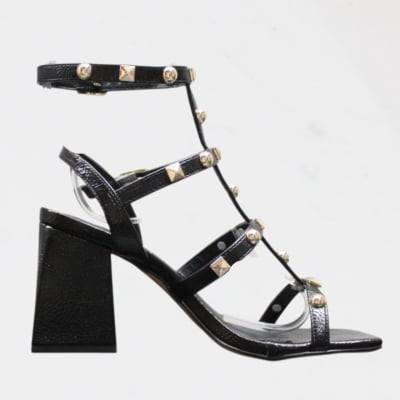 Sandália Salto Grosso Tiras Piramide Dourada Wk Preto