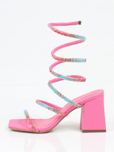 Sandália Salto Grosso Week Shoes Espiral Strass Rosa Pink