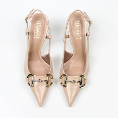 Slingback Nude Verniz Salto Fino Fivela Dourada Week Shoes