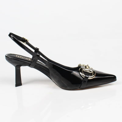 Slingback Preto Verniz Salto Fino Fivela Dourada Week Shoes