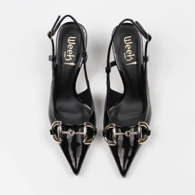 Slingback Preto Verniz Salto Fino Fivela Dourada Week Shoes