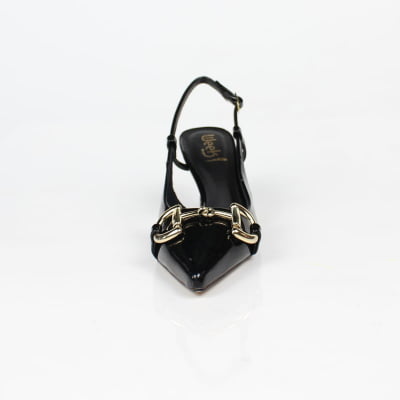 Slingback Preto Verniz Salto Fino Fivela Dourada Week Shoes
