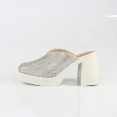 Mule Salto Grosso Off White Strass Prata (FORMA MENOR)